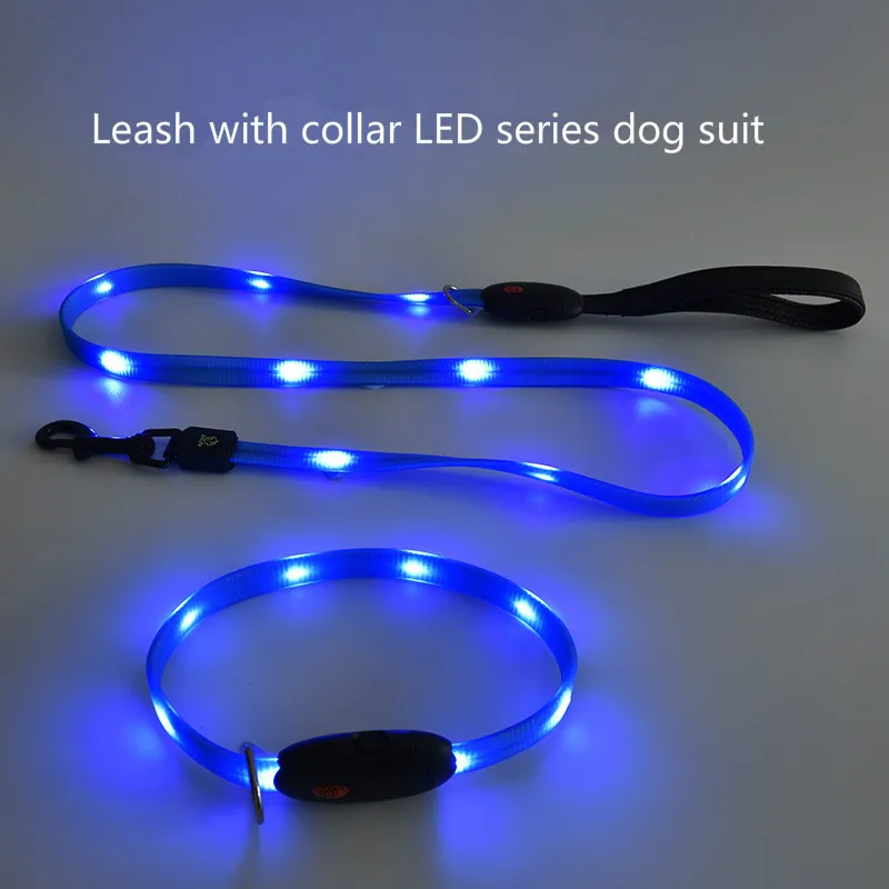 

2019 new pet dog luminous traction set, nylon flat cord lamp with pull and collar luminous set, suitable for medium and small do