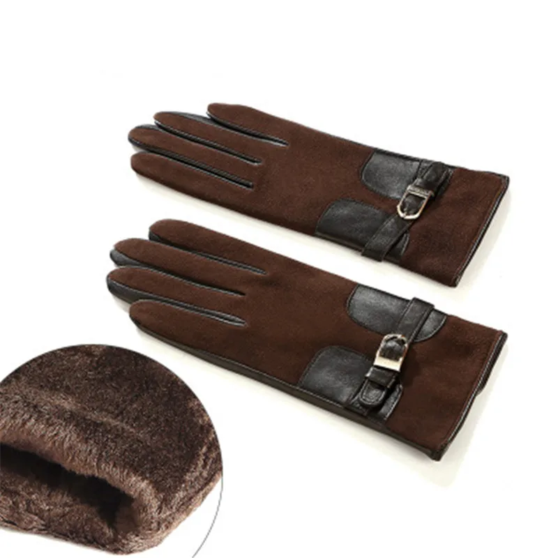 Новинка, женские перчатки из натуральной кожи, женские модные перчатки с металлической пряжкой, осенне-зимние замшевые перчатки из овчины с плюшевой подкладкой, 3306 - Цвет: Dark Brown