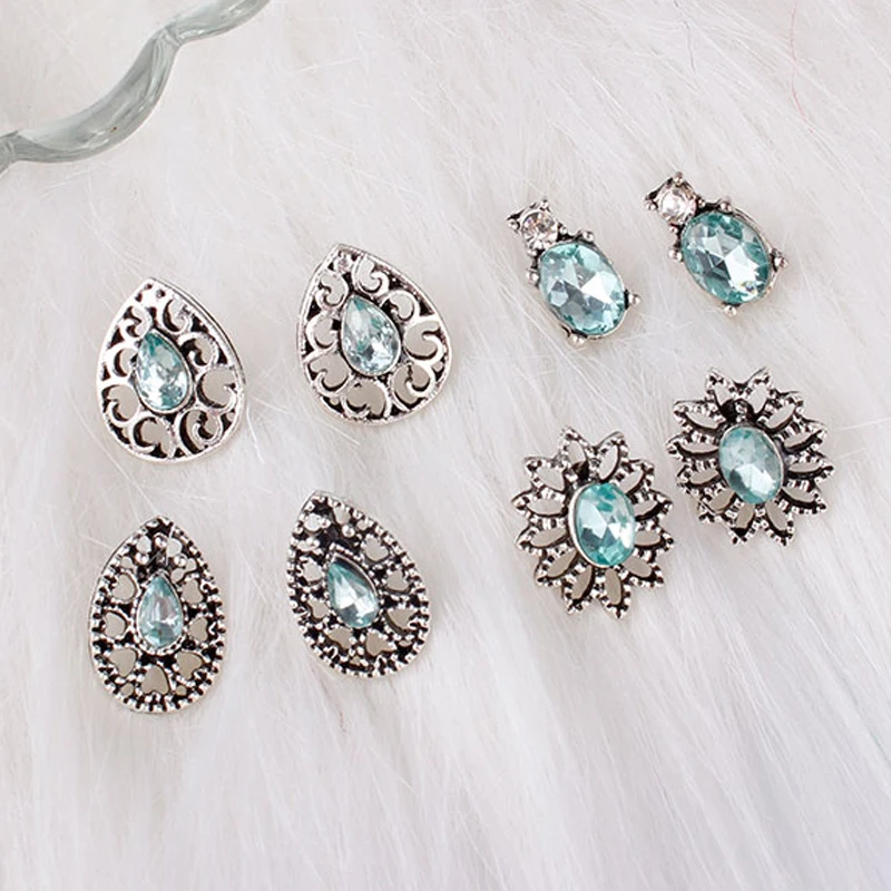 F&ampU 4 Pairs/Set Water Drop & 3 Other Shapes Women Bohemian Earring Stud Alloy Blue Rhinestone Core Studs for | Украшения и