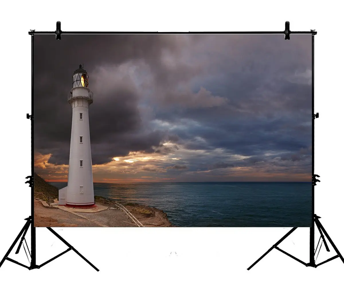 

5x7ft Lighthouse Sea Dark Clouds Sky Rocks Mountains Seaside Polyester Photo Background Portrait Backdrop