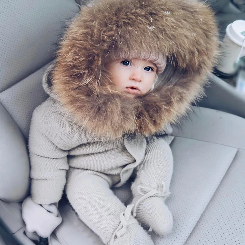 Infant Baby Rompers Winter Clothes Newborn Baby Boy Girl Knitted Sweater Jumpsuit raccoon Fur Hooded Kid Toddler Outerwear