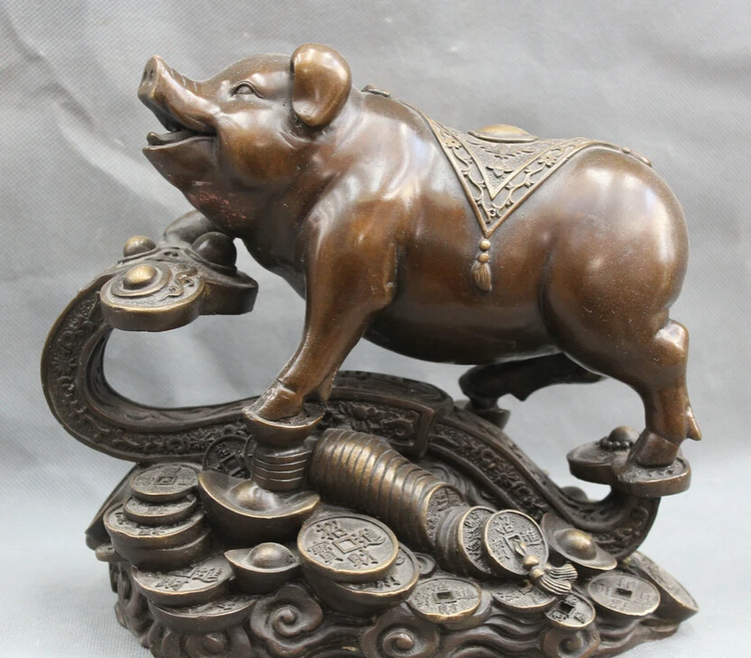 

Collectible bronze S2081 9" Chinese Fengshui Copper Zodiac Year Pig Ru Yi Yuanbao Coin Rich Cai Statue (B0413)