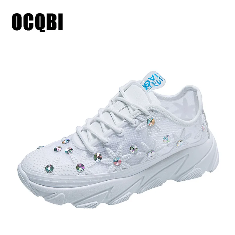 

Woman Casual Shoes Breathable Bling Crystal Sneakers Fashion Lightweight Round Toe Mesh Cross-Tied Flats Sneakers Females Shoes