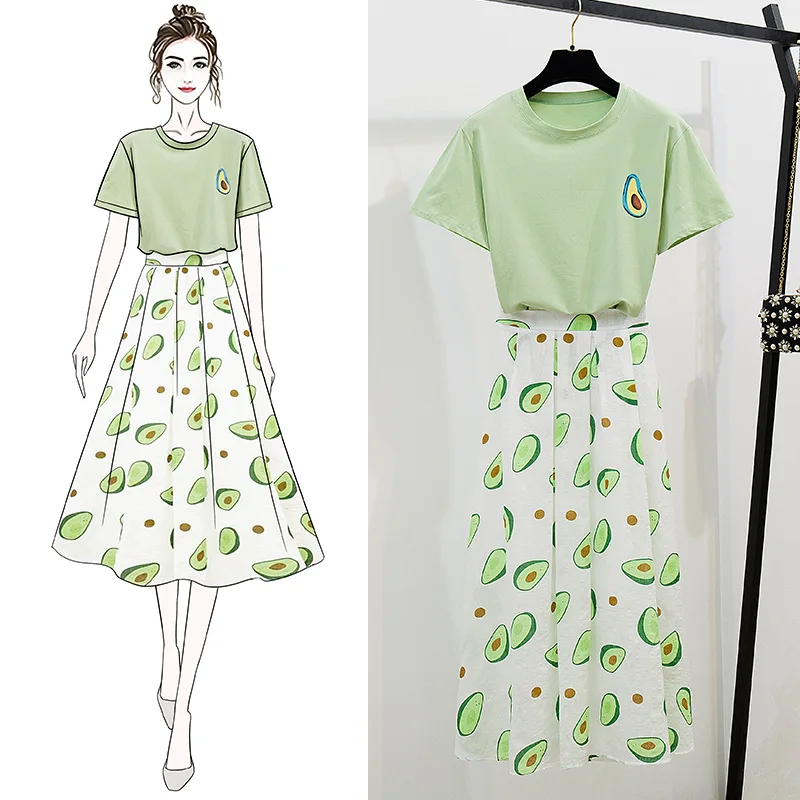 

ICHOIX women 2 pieces sets avocado print green t-shirt tops 2 pieces skirt set casual Two pieces summer outfits clothing 2019