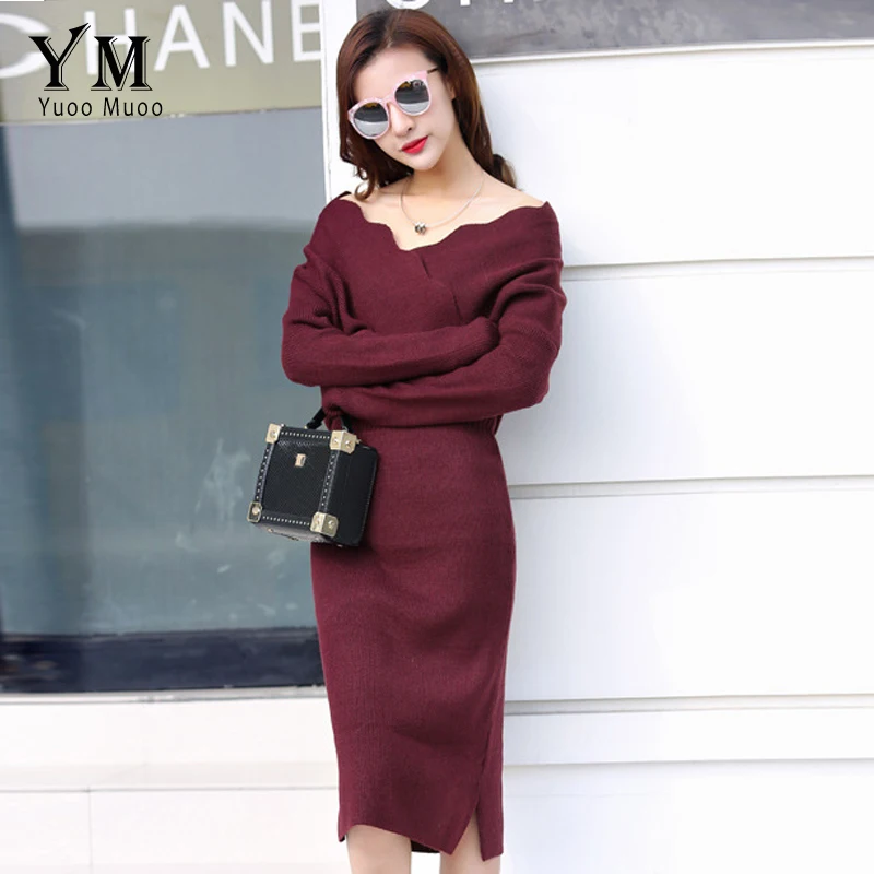 

YuooMuoo Brand Style Autumn Sweater Dress Elegant Long Off the Shoulder Sleeve Office Dress Women Knitted Knee-length Work Dress