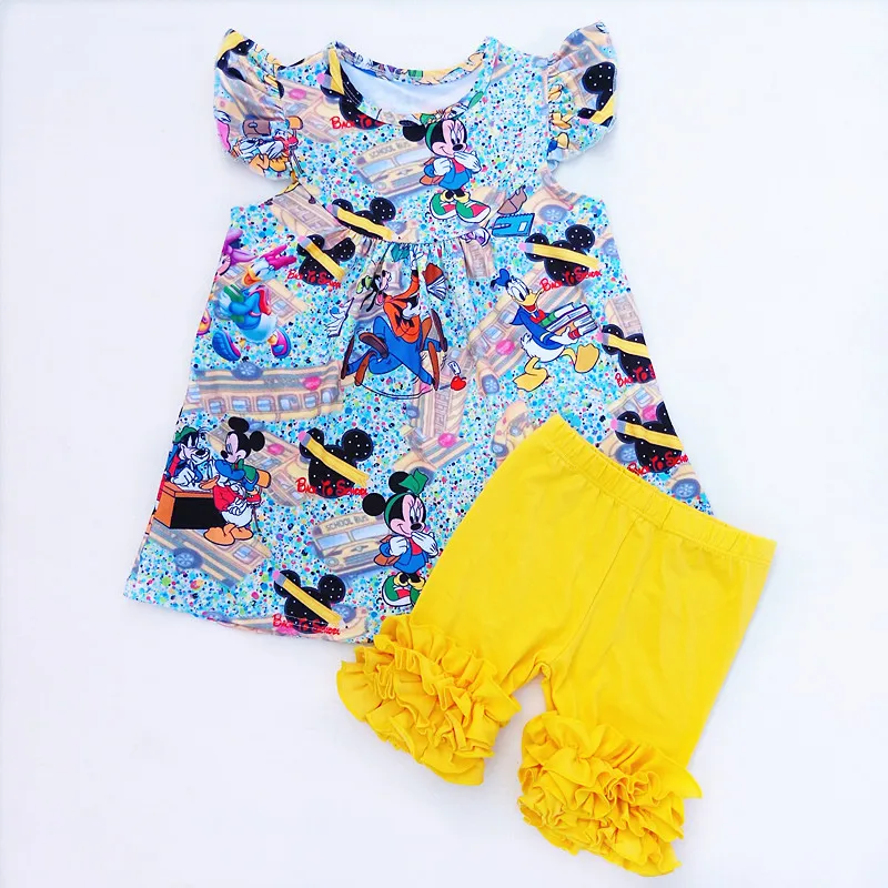 

Kids Cartoon Mouse Outfits Baby Girl Mouse Printed Pearl Milksilk Top with Yellow Cotton Ruffle Short For Disny Summer Holiday