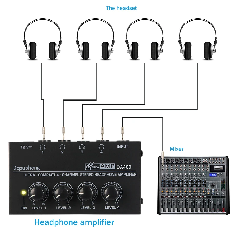 4 Channel Stereo Headphone Amplifier Microphone DA400