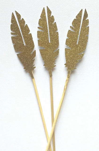 Glitter Gold Feather Cupcake Toppers Garden Party Decor