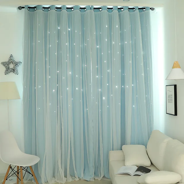NORNE Hollow Star Thermal Insulated Blackout Curtain for Living Room Bedroom Window Drape Blinds Stitched with White Voile Blue