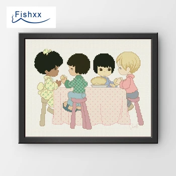 

European Style Idyllic Cartoon Characters Fishxx Cross Stitch Kit H200 Four Children Lunch Time Hand Sewing