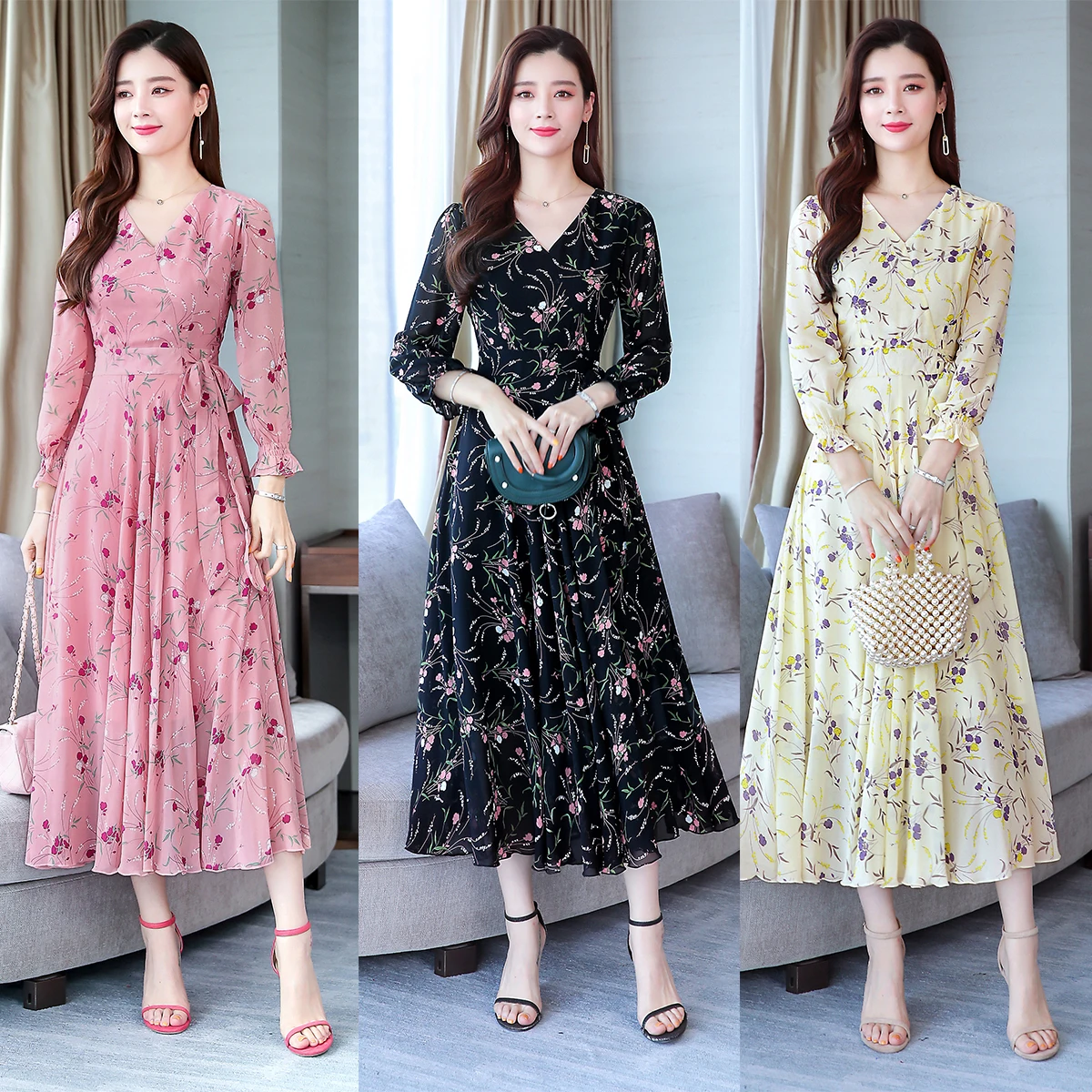 

Retro Boho Chiffon Party Dress Women Korea Autumn Winter Sexy Three Quarter Sleeve Floral Print Pleated Big Swing Dresses
