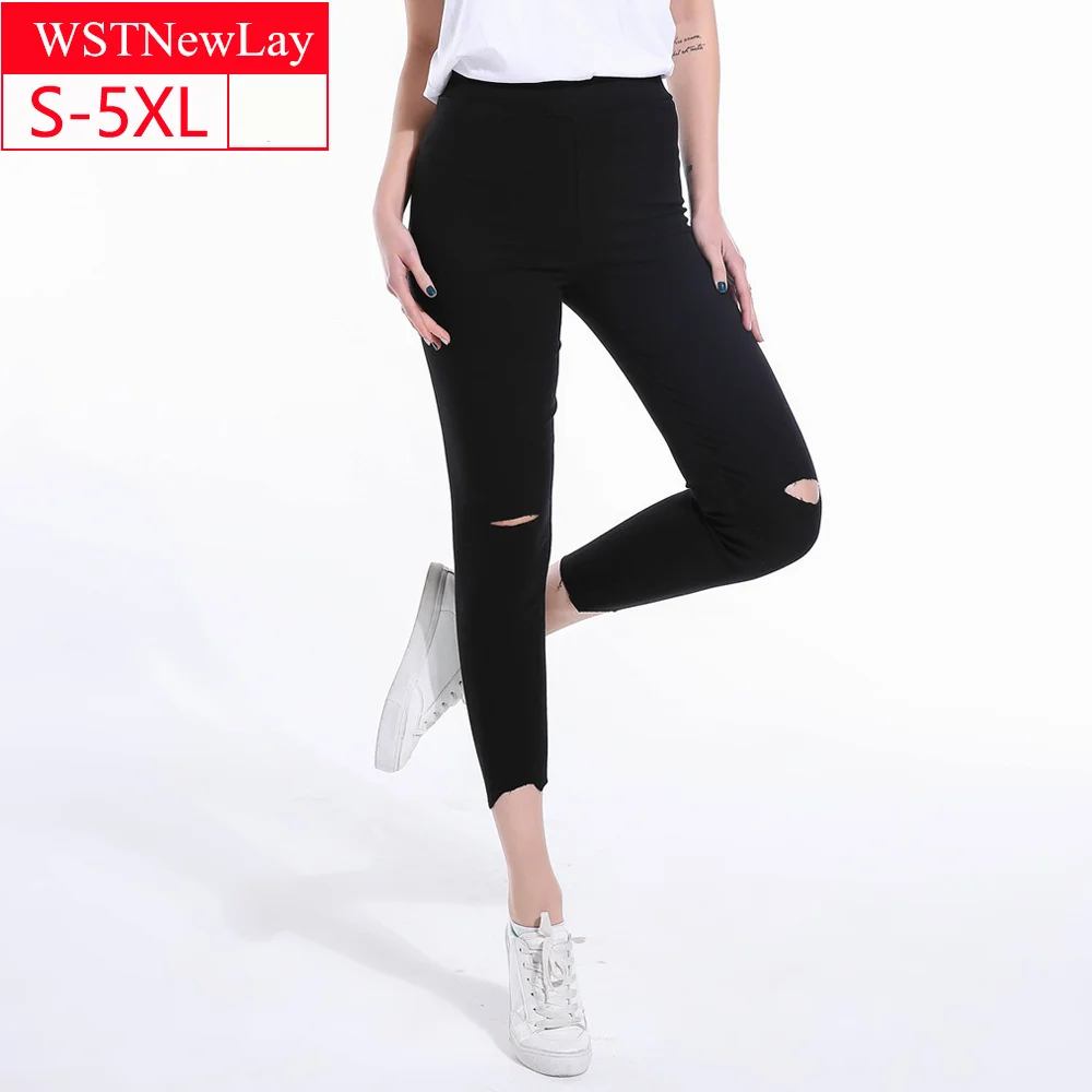 

2019 Summer Women Trousers Office Lady Pants High Elastic Waist Stretch Hole Skinny Pencil Female Leggings Plus Size