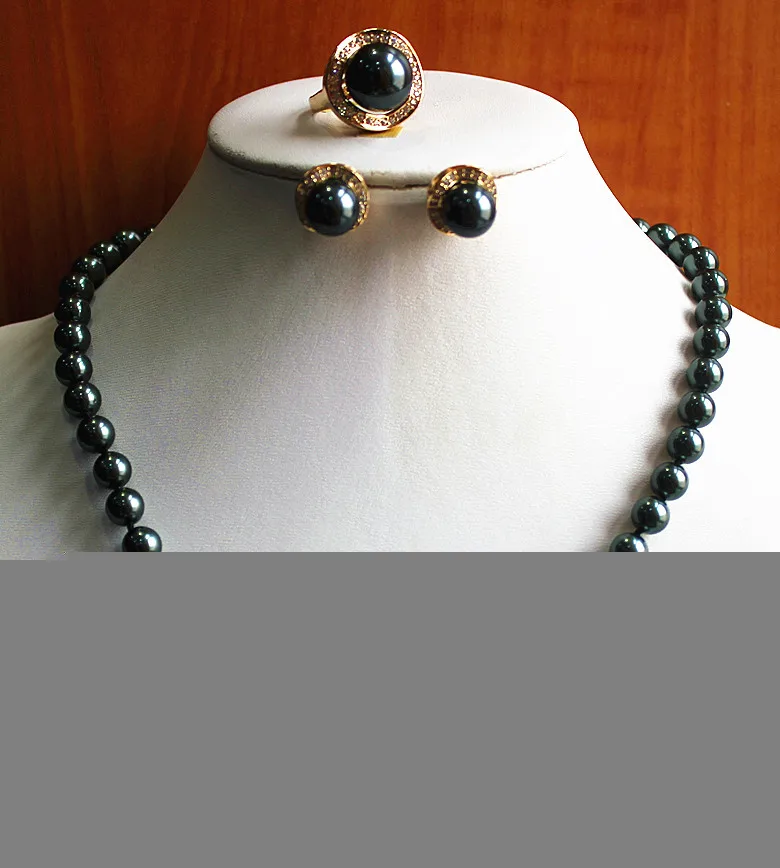 

hot sell new - best gift jewelry set!Wholesale simple and noble Women's pure black pearl Necklace pink earring ring(7/8/9) set