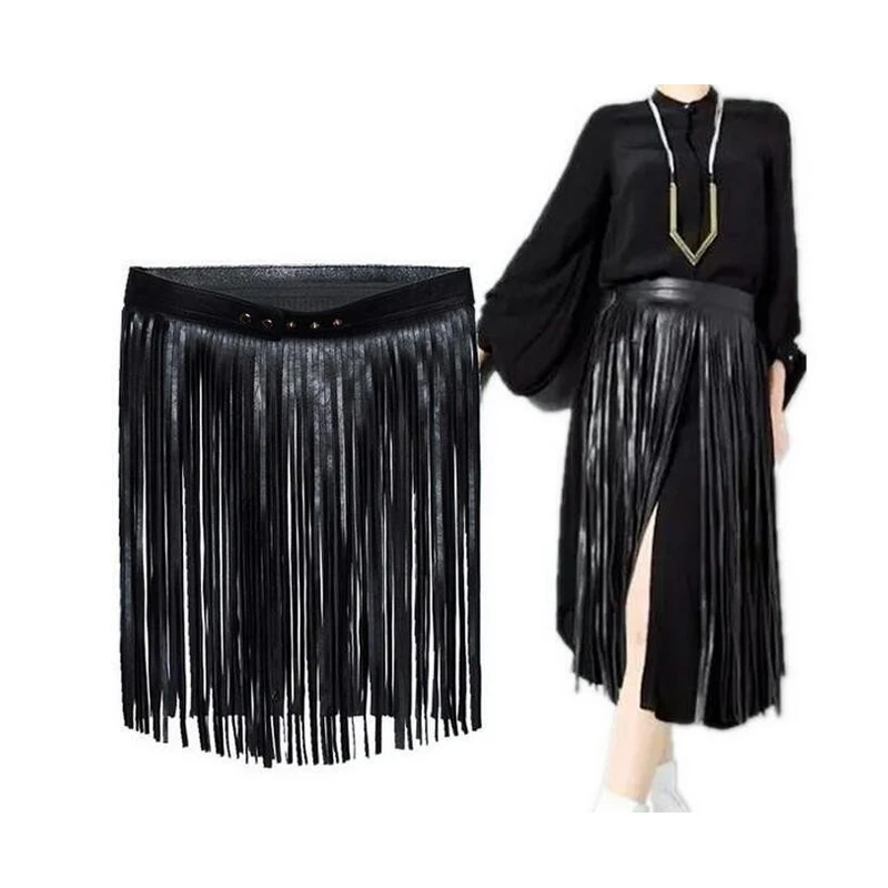 Fashion Women Black Leather Tassels Belt Boho Style Long Fringe Tassel