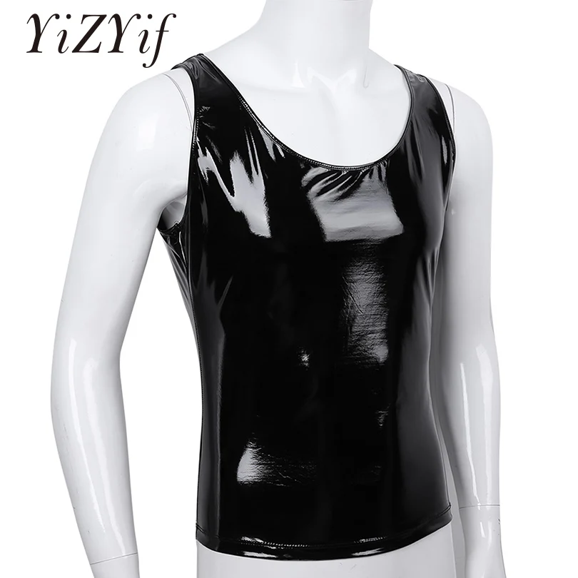 

YiZYiF Men's Tank Top Wetlook Vest Faux Leather Crop tops Sleeveless Clubwear Muscle Tight Stage Costume Crop Tops Mens Clothing