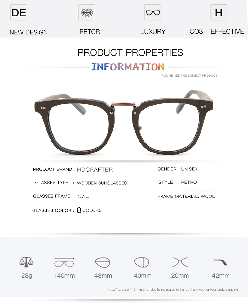 HDCRAFTER оправы для очков по рецепту деревянная зерно оптическая оправа для очков, при близорукости с прозрачными линзами для мужчин и женщин оправы для очков