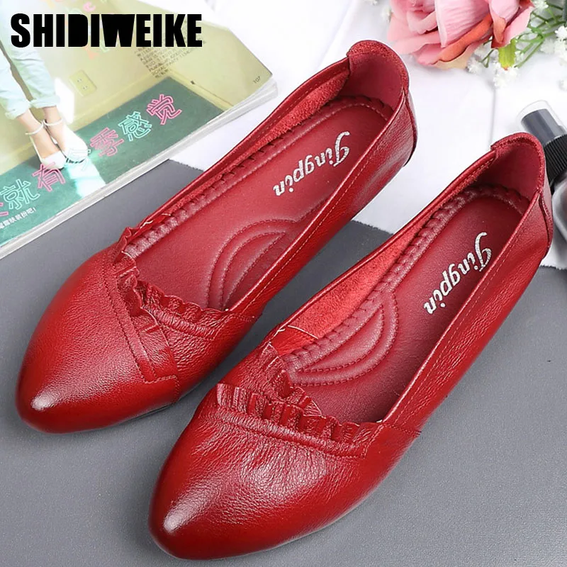 

2019 new Genuine Leather flat for Women Shallow Mouth Flat Shoes Soft Bottom Single Wild woman Shoes pointed toe leisure shoes