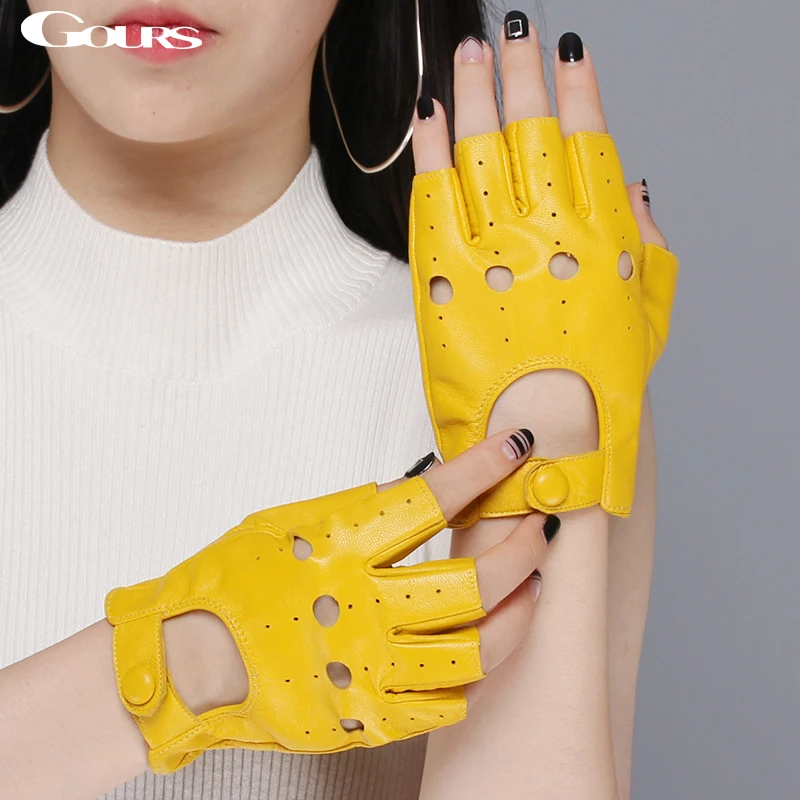 Koop Gours voorjaar vrouwen lederen handschoenen rijden ongevoerd geitenleer half vinger handschoenen vingerloze gym fitness handschoenen gsl061