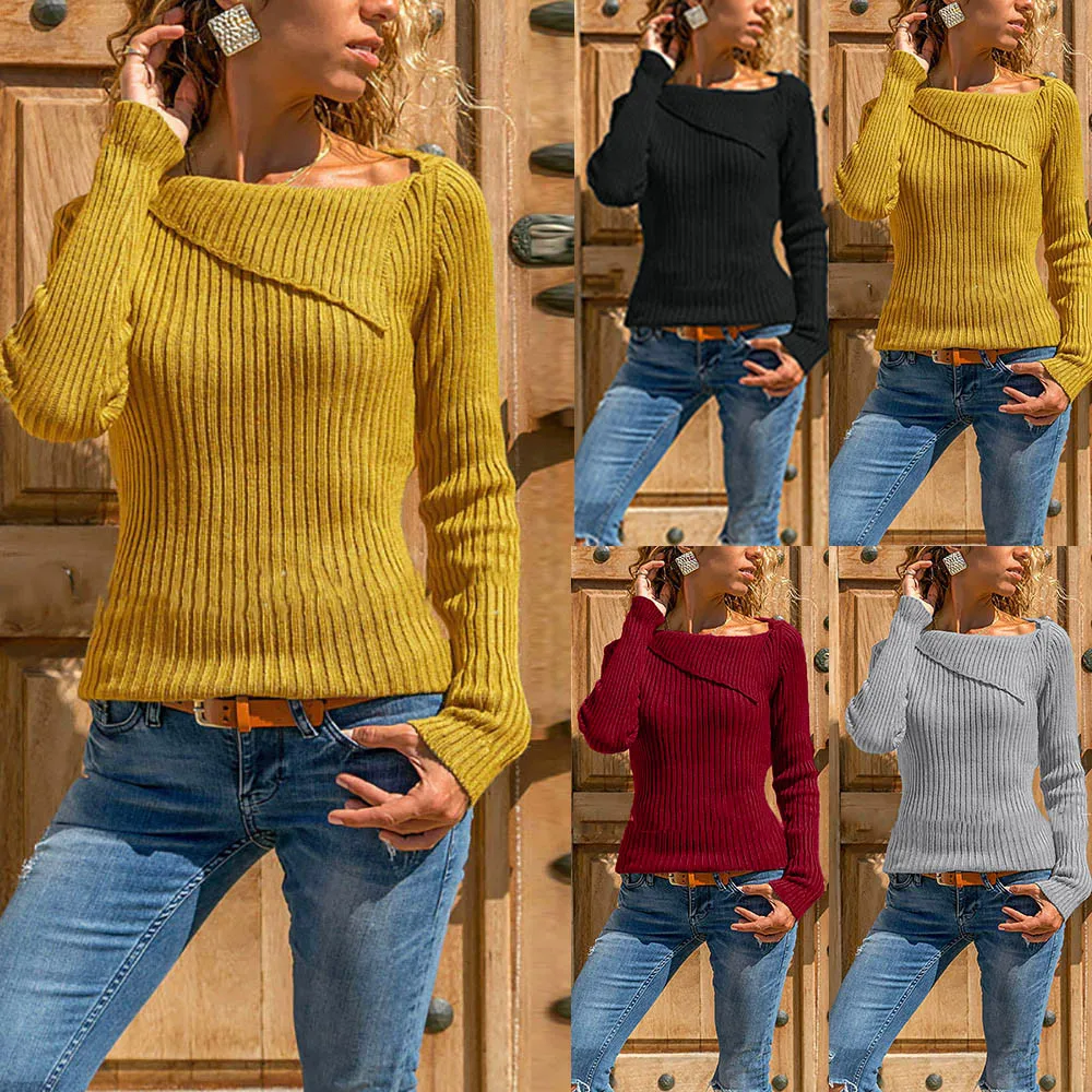 Женский свитер с асимметричным отворотом и длинным рукавом, однотонный полосатый свитер, пуловер, рубашка, топ, женский свитер, женские свитера, одежда