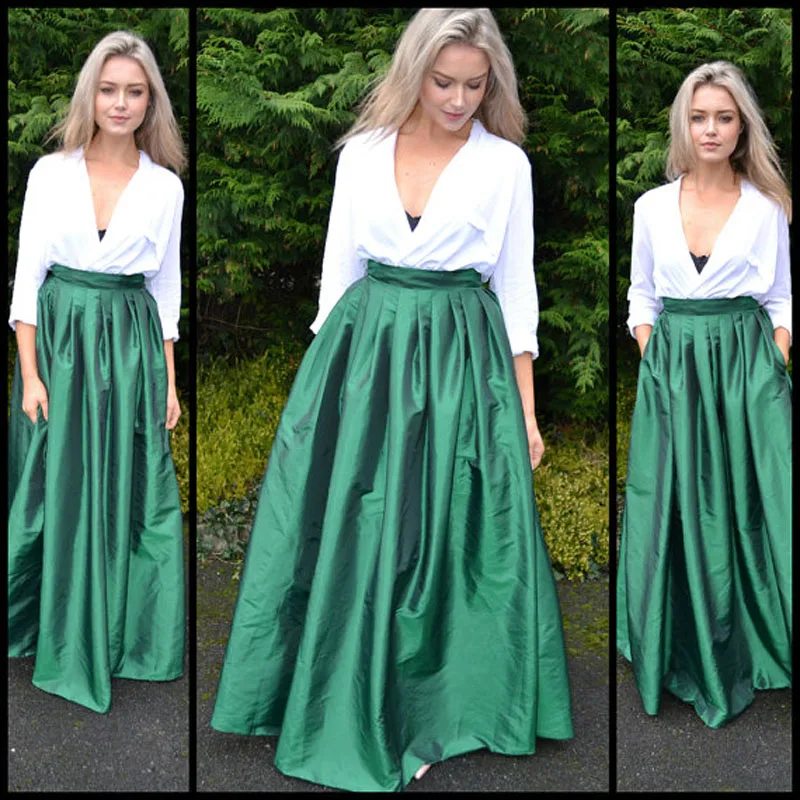 emerald green pleated maxi skirt