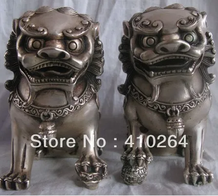 

0116P old craft fast Shipping pair Fu Foo Dog Guardian lion good luck Tibet silver Statue good luck Tibet silver statue (A0321)