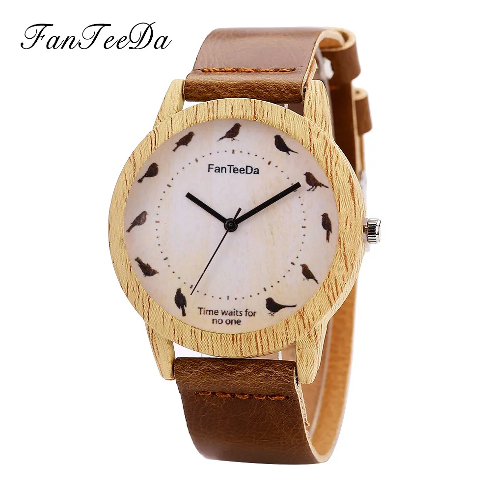 

FanTeeDa Men's wooden leather alloy watch#FD065 2018 bird scale dial simple quartz business wrist watch automatic watch a60