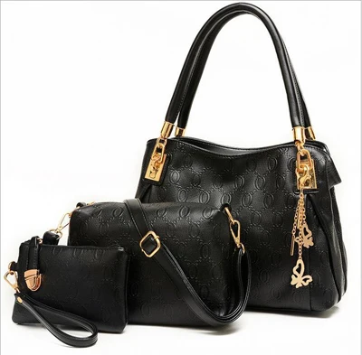 Новинка, женская сумка из натуральной кожи, женская сумка-мессенджер, брендовая дизайнерская сумка-тоут, сумка на ремне из композитных материалов+ сумка-мессенджер+ кошелек, 3 комплекта - Цвет: Black 3 piece