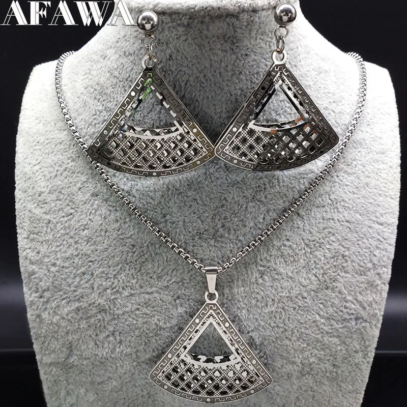 

2019 Fan Stainless Steel Jewerly Set for Women Silver Color Necklace and Earrings Set Jewellery acero inoxidable joyeria 178384