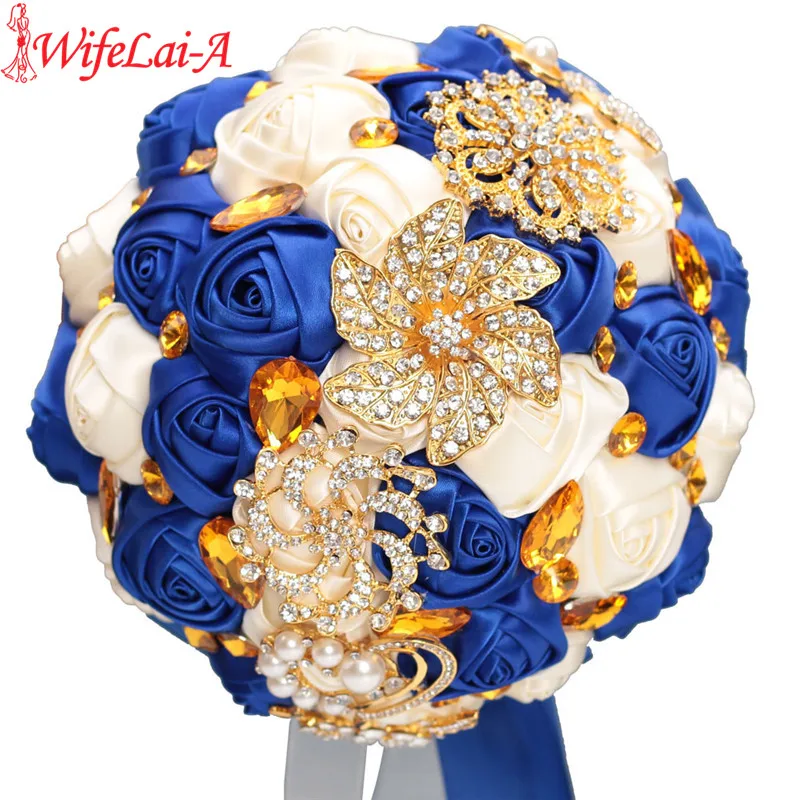 

WifeLai-A Gold Bright Diamond Silk Wedding Bouquet RoyalBlue Ribbon Bouquets de noiva Handmade Satin Bouquet Multiple Color W227