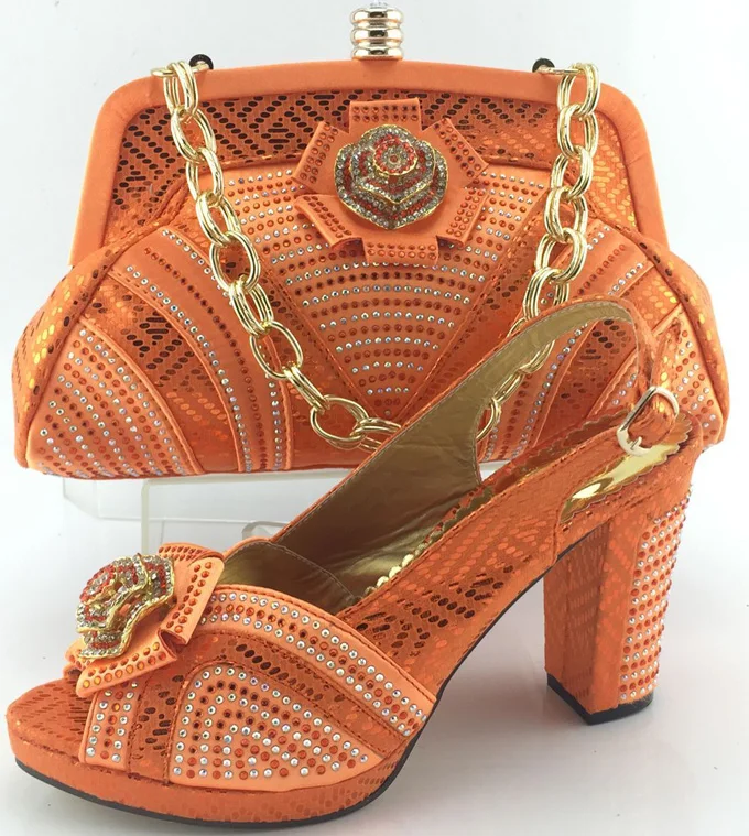 New design Orange platform high heel African Italian shoes and matching bag for wedding party evening