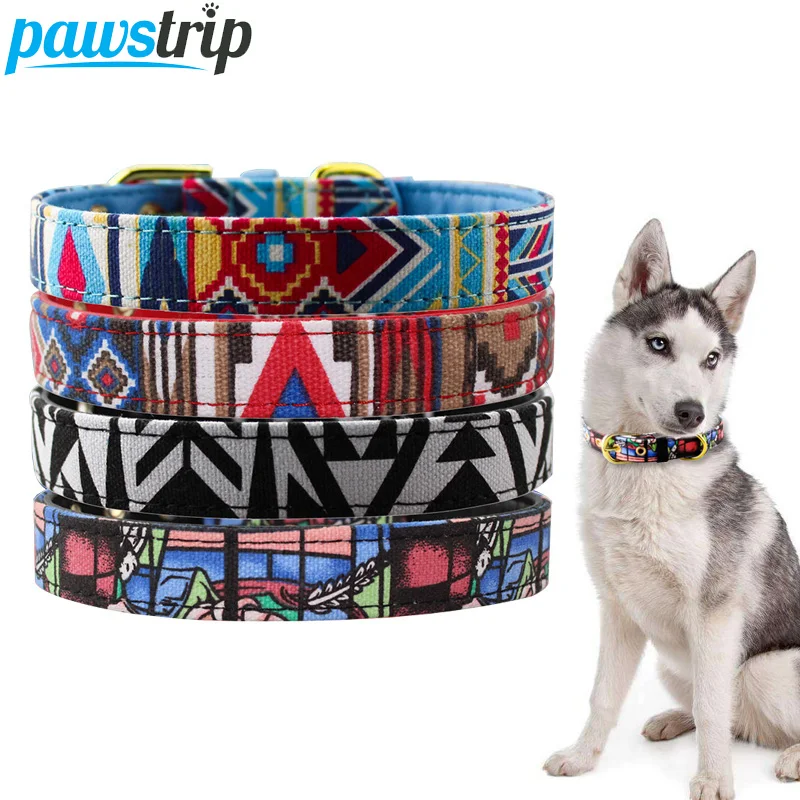 

pawstrip Canvas Leather Dog Collar Printed Pitbull Puppy Collar Adjustable Pet Collar For Small Dogs Collier Chien Petshop S/M/L
