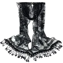 Модный женский длинный шарф с кисточками, черный кружевной шарф с цветами, шарфы 17Oct6