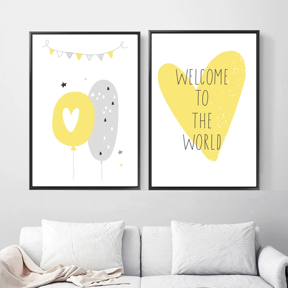 Картина на холсте с желтым сердцем, воздушным шаром, облаком, цитатами на стену, скандинавские плакаты и принты, настенные картины для детской комнаты, декор для детской комнаты
