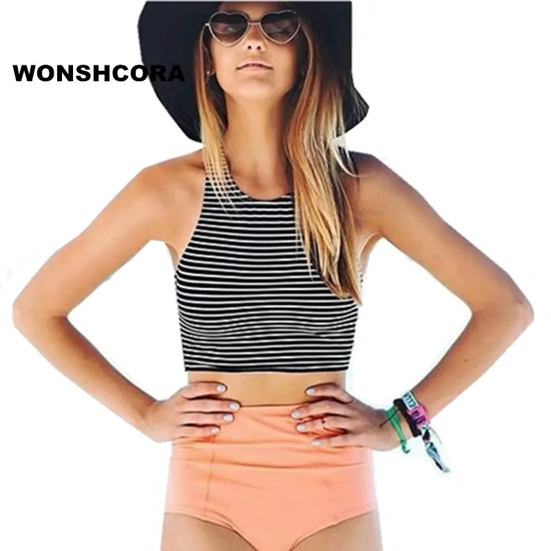 

WONSHCORA 2017 New Striped Vest Type Bikini Two Pieces Swimsuit Swimwear High Waist Swimming Trunks Sunscreen Beach Tankini