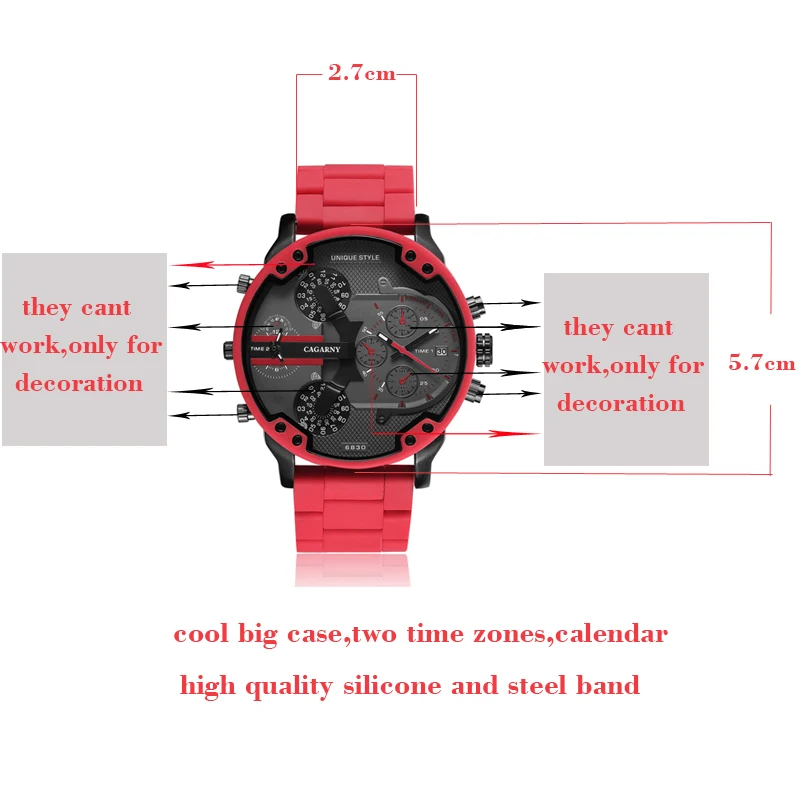 top luxury brand cagarny analog quartz watch for men two time zones auto date cool big case military watches red silicone band sports men's wristwatches dz dz7370 (1)