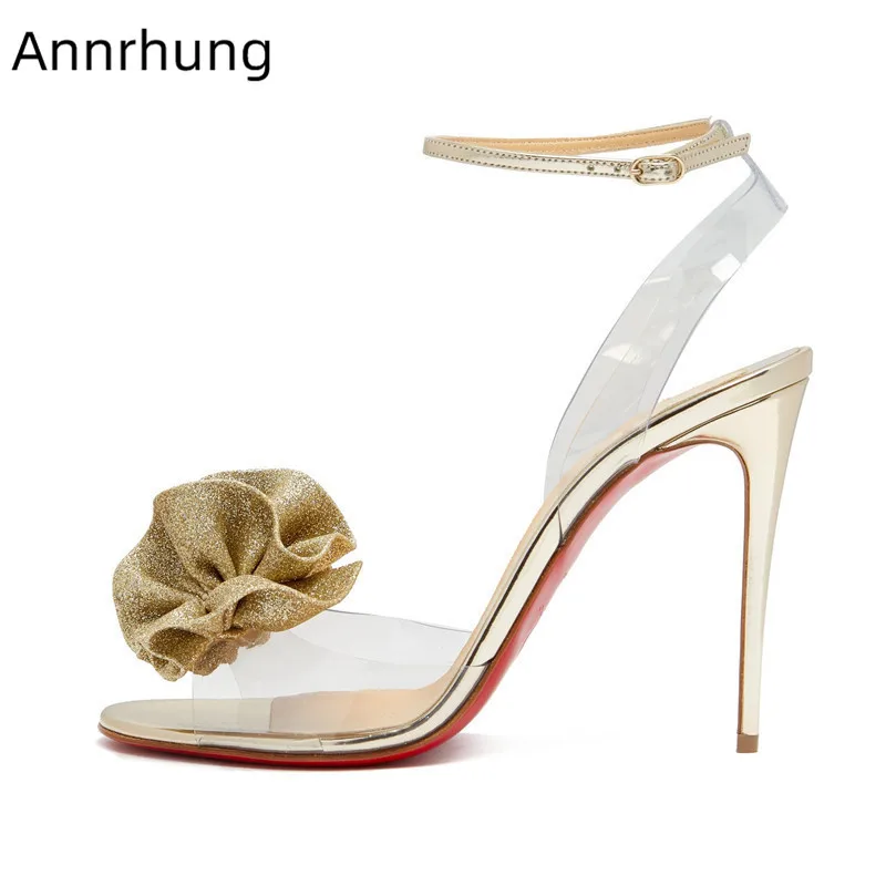 

2019 New Ruffles Flower Clear PVC Sandals Women Sexy Open Toe Ankle Strap Gladiator Shoes Thin High Heel Runway Sandalias Women
