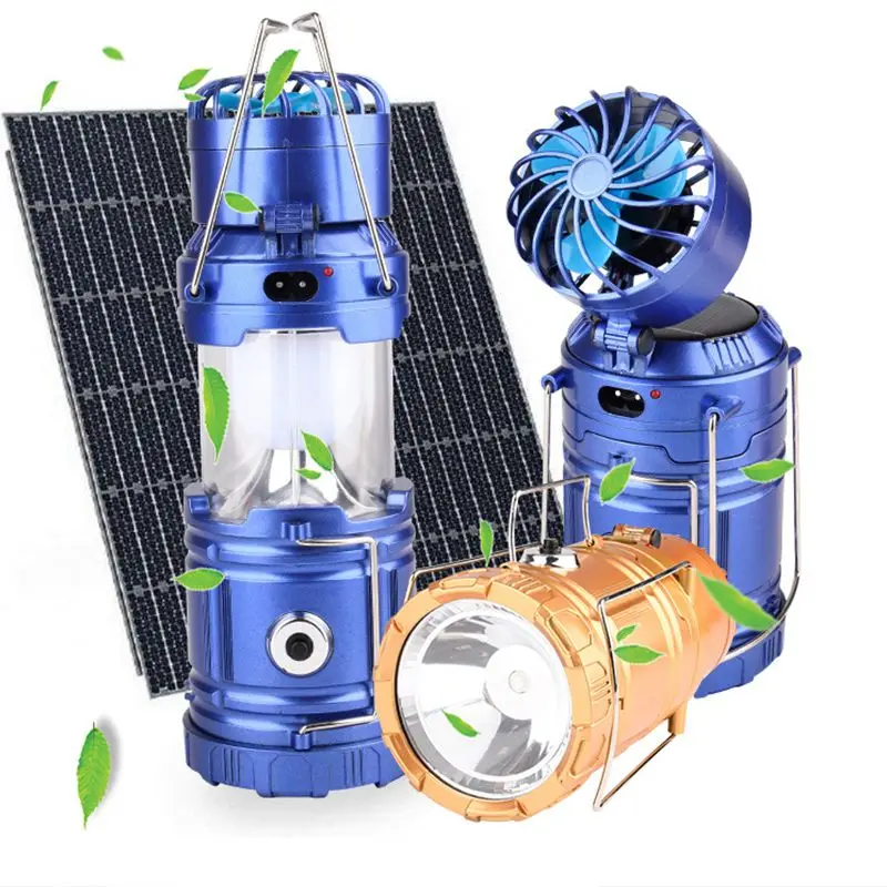 Multi-function LED Camping Light Solar Lantern Rechargeable Fan Outdoor Hiking Portable Lanterns LED Light EU US Plug Gold Blue 