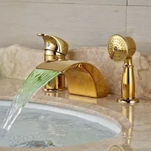 LED Widespread Golden Brass Waterfall Bathroom Tub Faucet 3 pcs Mixer Tap Shower