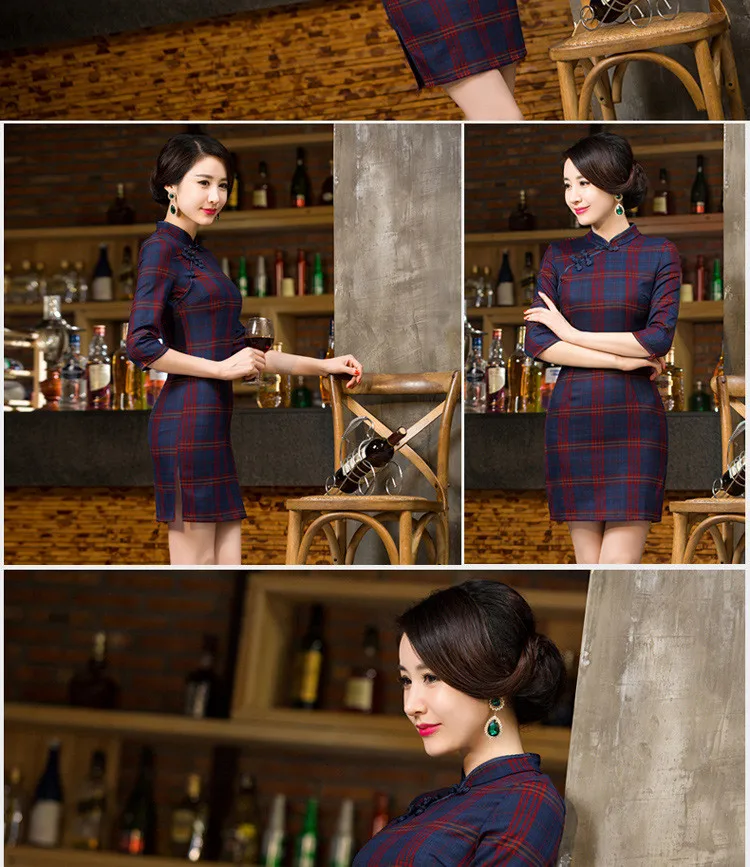 Для женщин китайское платье решетки Cheongsam Винтаж Vestidos платье Размеры: S-3XL 2 цвета