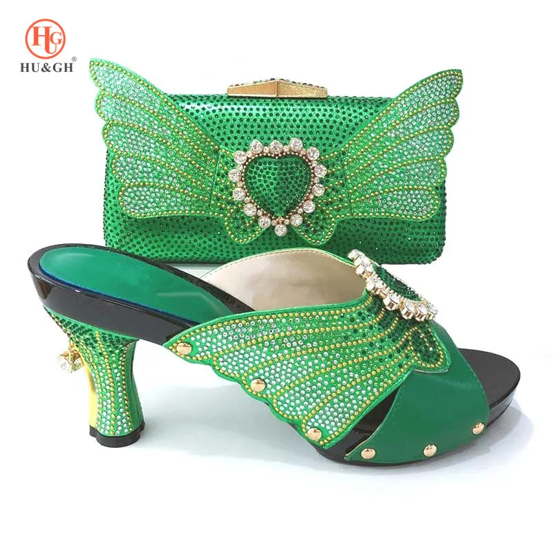 

New Arrival Elegant Green Color PU Crystal Italian Shoes With Matching Bag High Quality African Party Shoes And Bags Set Wedding