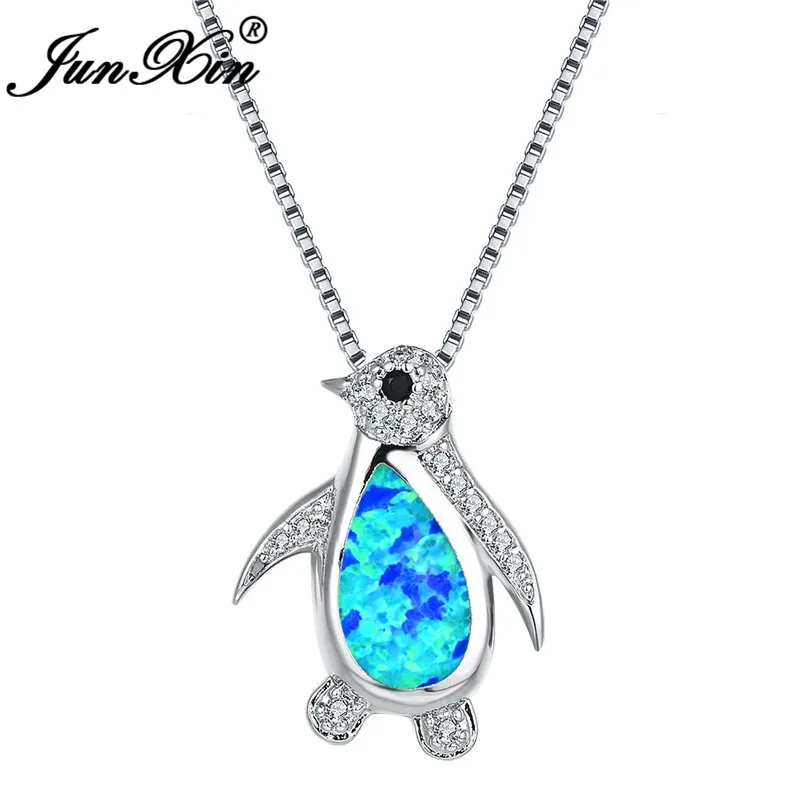 

JUNXIN Cute Animal Penguin Pendant Necklaces For Women 925 Sterling Silver Teardrop Zircon Blue White Fire Opal Necklace Wedding