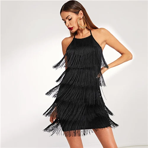 COLROVIE Black Tiered Fringe Halter Bodycon Party Short Dress Women Summer Streetwear Sleeveless Sheath Slim Fit Sexy Dress - Color: Black