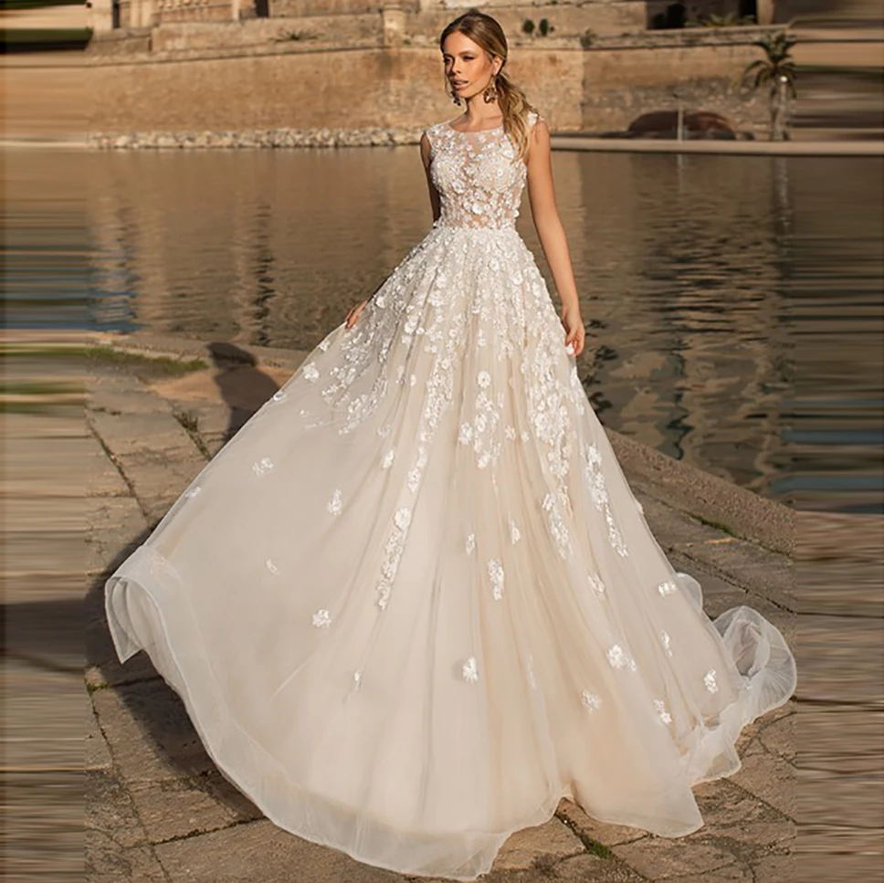 

Illusion Boho Princess Wedding Dress 3D Flowral Appliques High quality Train White/Ivory Bride Dress vestido de noiva 2019