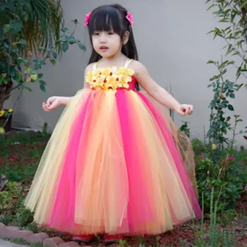 

Rainbow Hot pink Yellow Flower Girl Dress For Wedding Cute Girl Birthday Photo props Party Dresses with Flower HeadbandPT47