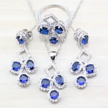 Сюрприз Геометрический стиль женский костюм аксессуары 925 серебряные ювелирные наборы голубой камень CZ длинные серьги-гвоздики/ожерелье/кольцо