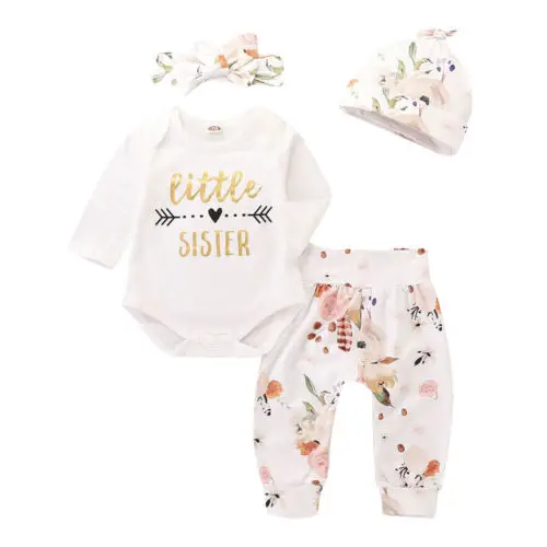 

Autumn Baby Girl Fall Winter Clothes Little Sister Long Sleeve Romper+Pants 4PCS Outfit