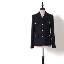 Новое пальто WT0077 весна-осень темно-синяя блестящая шелковая грубая твидовая куртка с отложным воротником и кисточками