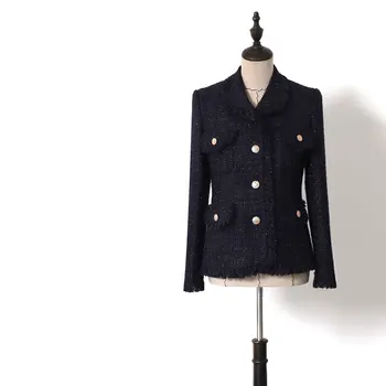 

New coat WT0077 Spring and Autumn Deep Blue Brilliant Silk Coarse tweed Turn collar tassel small fragrance jacket