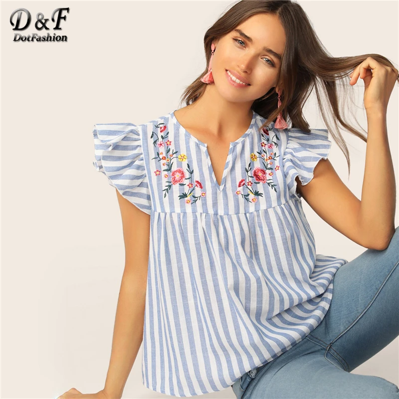 

Dotfashion V-cut Neck Blouse Women Ruffle Armhole Floral Embroidered Summer Top 2019 Fashion Blouses For Women Blue Striped Tops