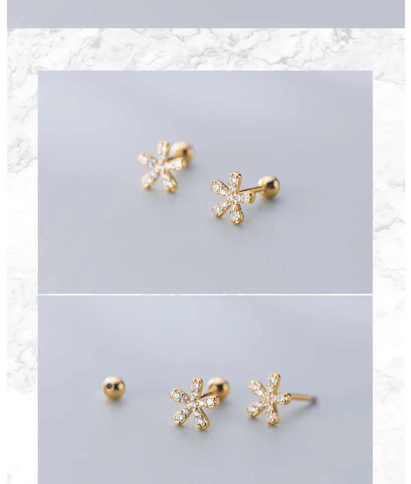Korean Small Crystal Flower 925 Sterling Silver Screw Stud Earrings For Women Girls Kids Mini Minimalist Jewelry Gifts Brincos (10)